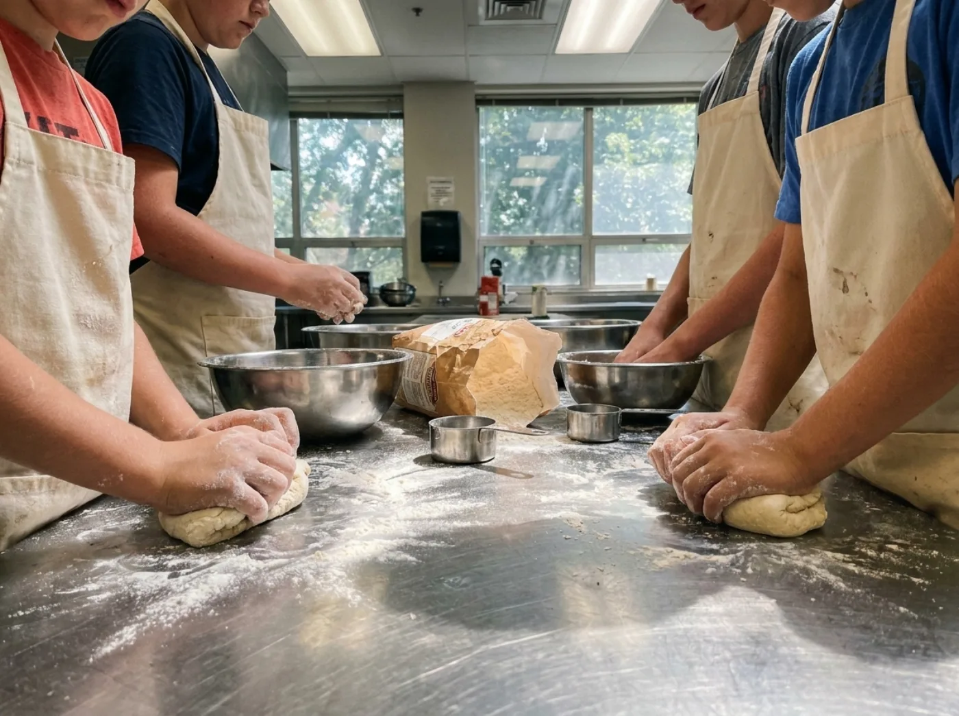 Flour-dusted hands kneading dough on a stainless steel counter in a teaching kitchen