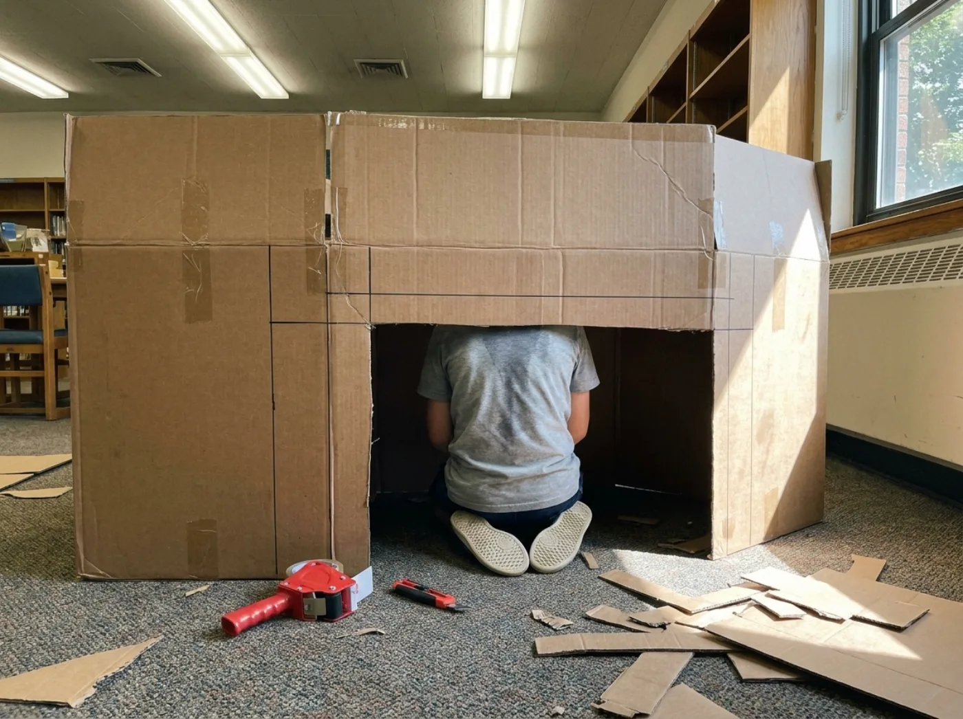A camper kneeling inside a half-built cardboard structure with a tape gun on the floor