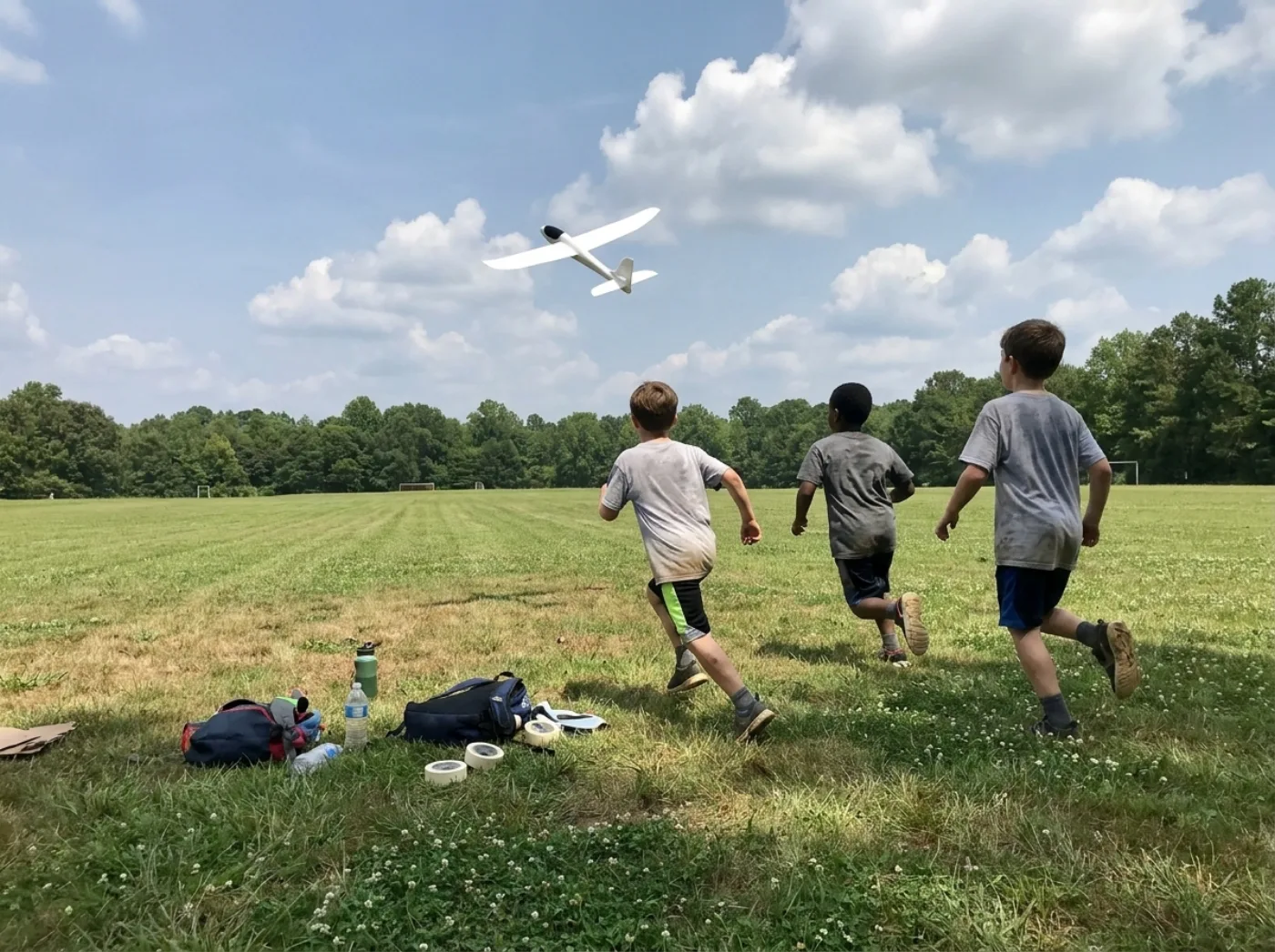 A foam glider in flight over a green field with three campers running underneath