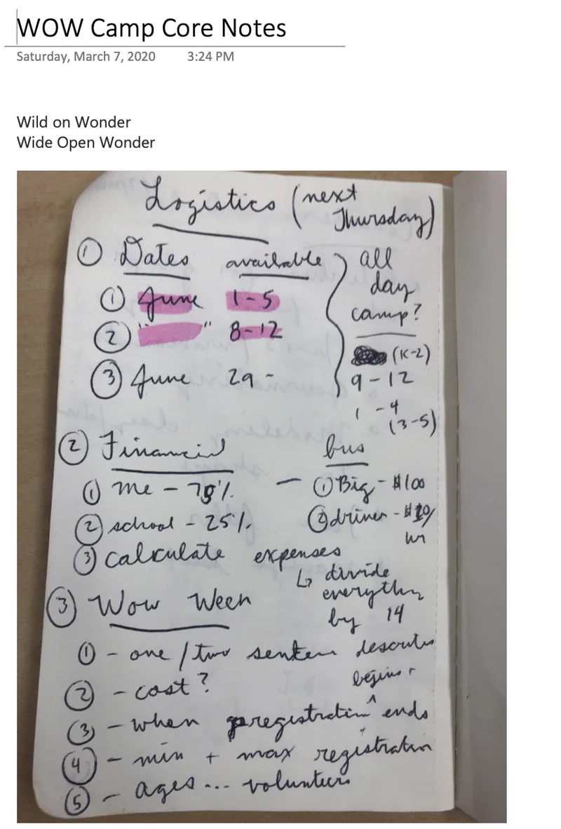 A page of handwritten planning notes headed WOW Camp Core Notes, listing logistics, dates and costs