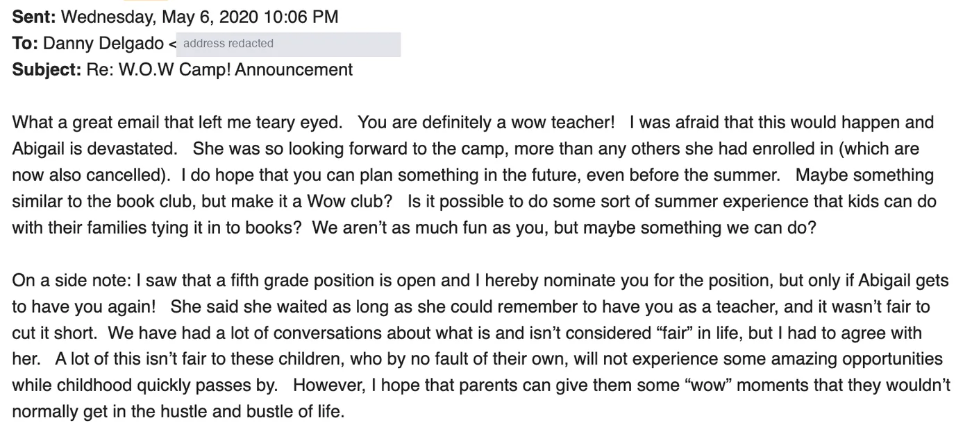 Screenshot of the May 6, 2020 reply from a camp parent, subject line Re: W.O.W Camp! Announcement